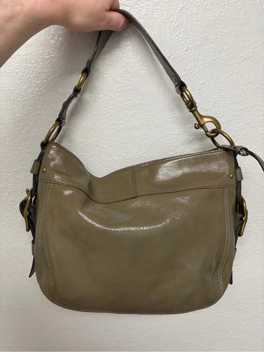 Coach Olive Green Patent Leather Hobo Shoulder Bag with Brass Hardware